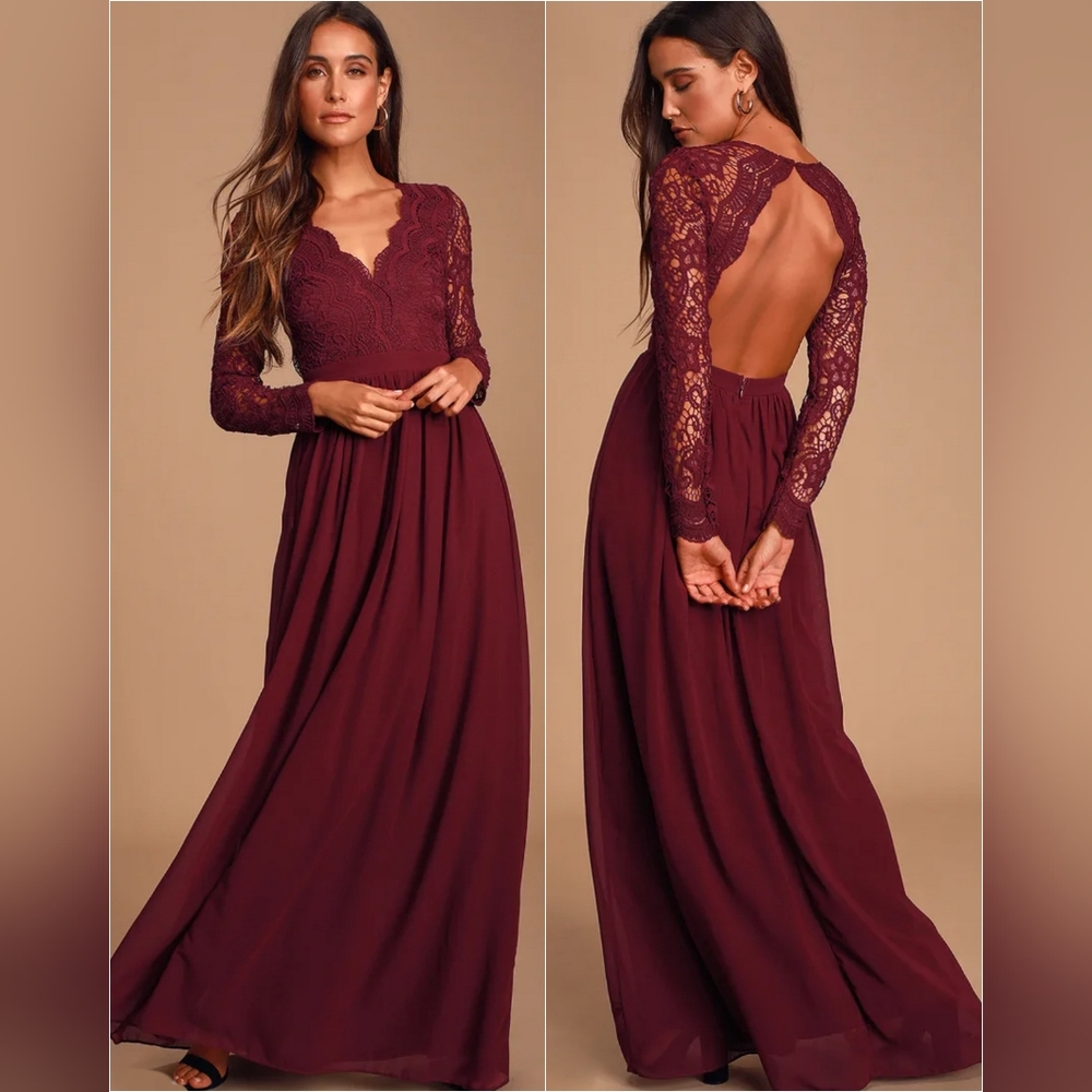 👙 NWT LULUS Awaken My Love Burgundy Long Sleeve Lace Maxi Dress Size Small